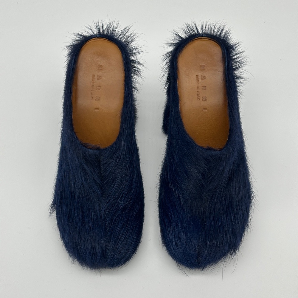 MARNI FUSSBETT SABOT HEELS IN ECLIPSE - LONG HAIR CALF SKIN